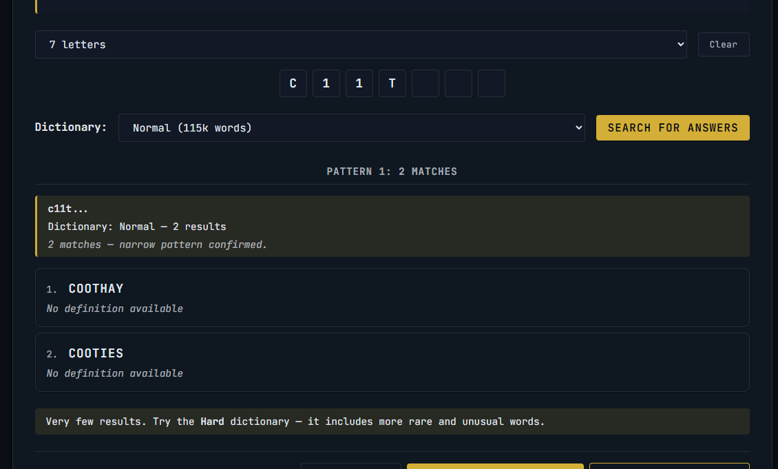 The Codeword Solver form showing a 7-letter pattern. The input boxes are filled left to right: C, then the digit 1 in positions 2 and 3 (indicating those two squares share the same unknown letter), then T, then three empty positions. The results panel below shows 2 matches: Coothay and Cooties.